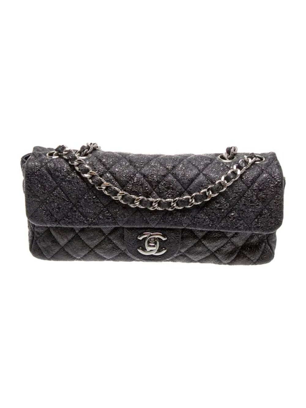 NWOT - Chanel Vintage E/W Black Quilted Leather Flap Shoulder Bag